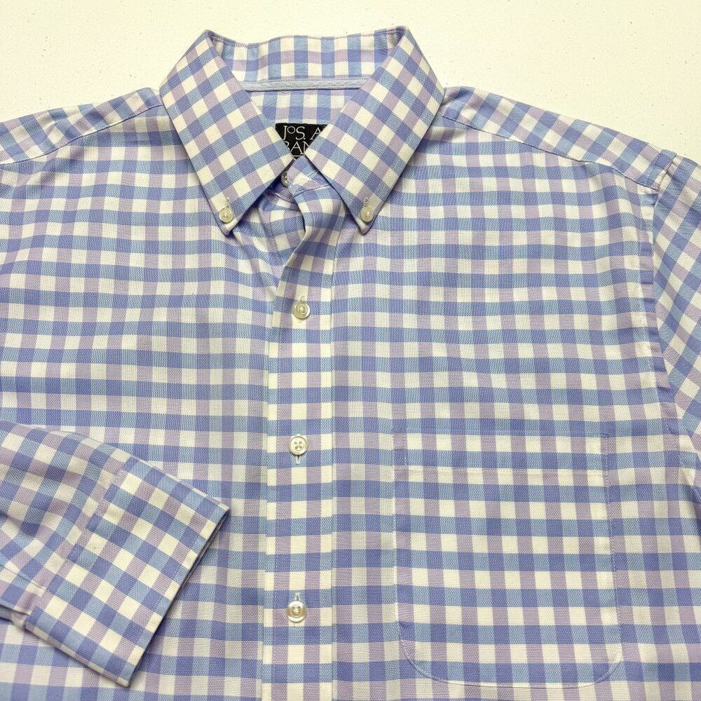 Jos A Bank Shirt Men Medium Blue Purple Plaid‎ Tailored Wrinkle Free Signature